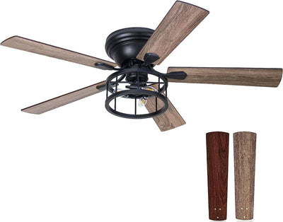 Breezary 52 Inch Flush Mount Farmhouse Ceiling Fan with Light and Remote, Reversible AC Motor, 5 Dual Finish Blades, Industrial Low Profile Black Ceiling Fan light for Bedroom Home