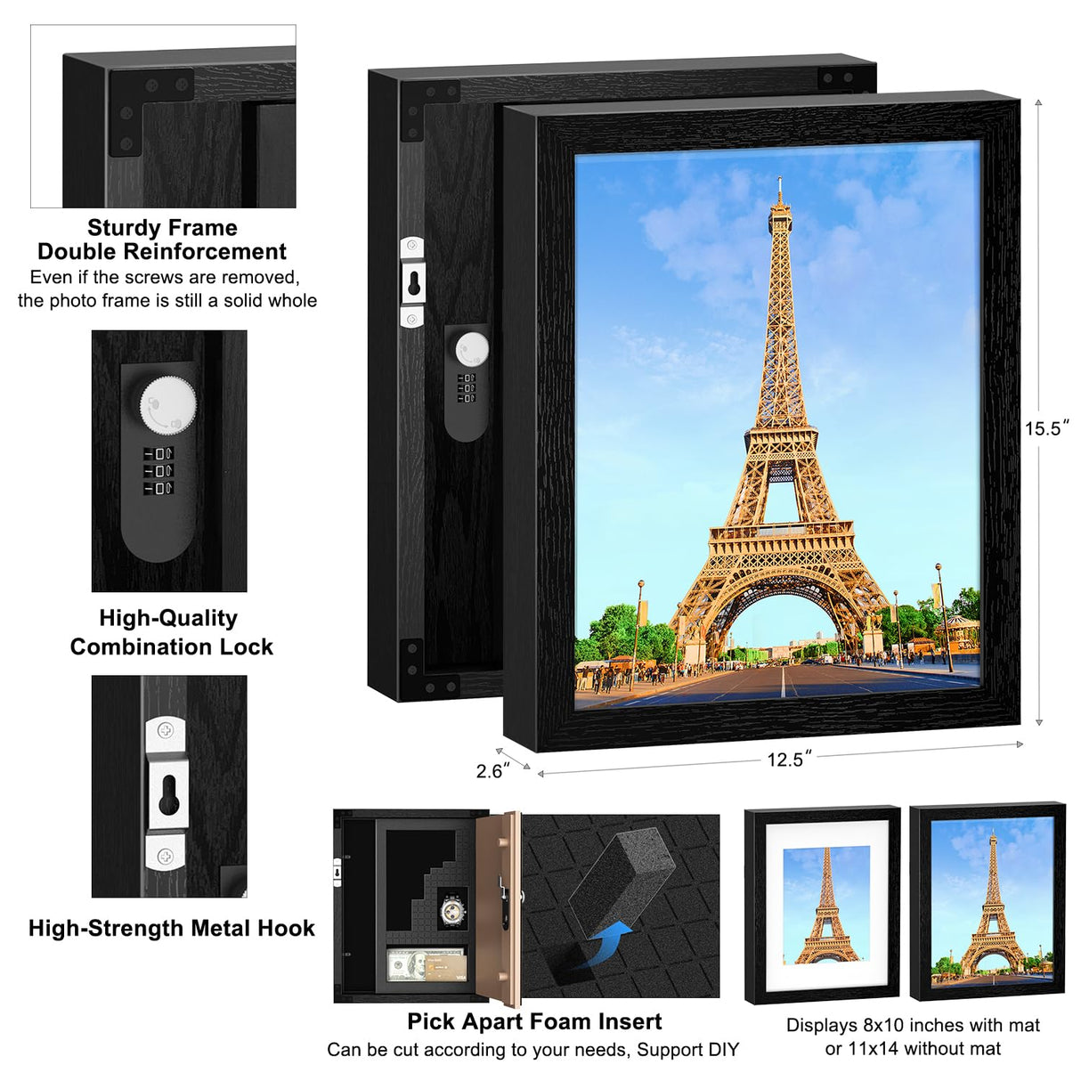 ANZAKY Hidden Safe with Lock, Wooden Picture Frame Diversion Safe, Large Hidden Money Safe with Customizable Foam, Hidden Compartment, Secret Decor Concealment Furniture, 11 x 14 inchs, Black ANZAKY