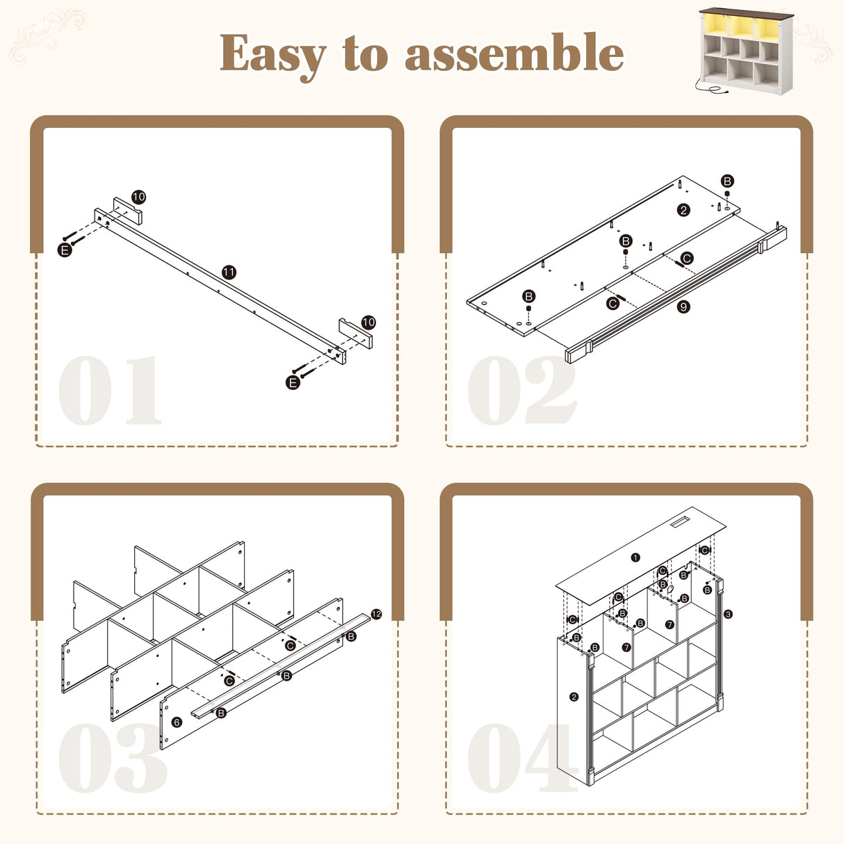 EnHomee 10 Cube Storage Organizer with LED Light and Charging Station Wood Cube Shelf White Bookshelf for Bedroom Living Room,Office,White EnHomee