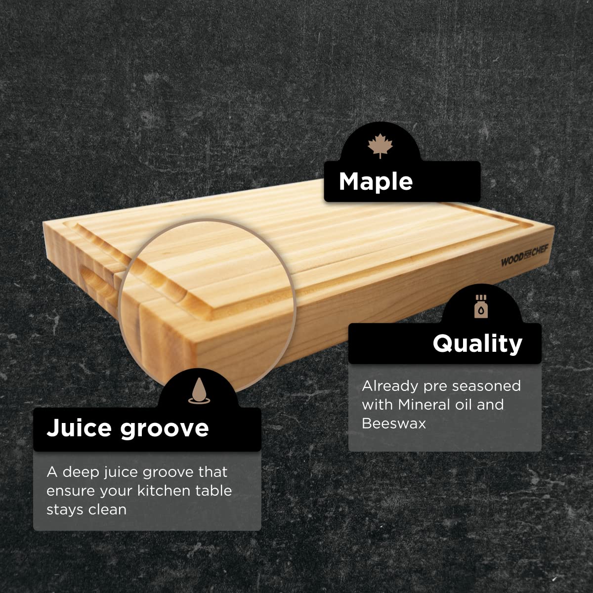 Large Wood Cutting Board from North American Maple - 20x16x1.5 inches - A Reversible Butcher Block that Comes with Juice Groove for Cutting Meat and WoodForChef