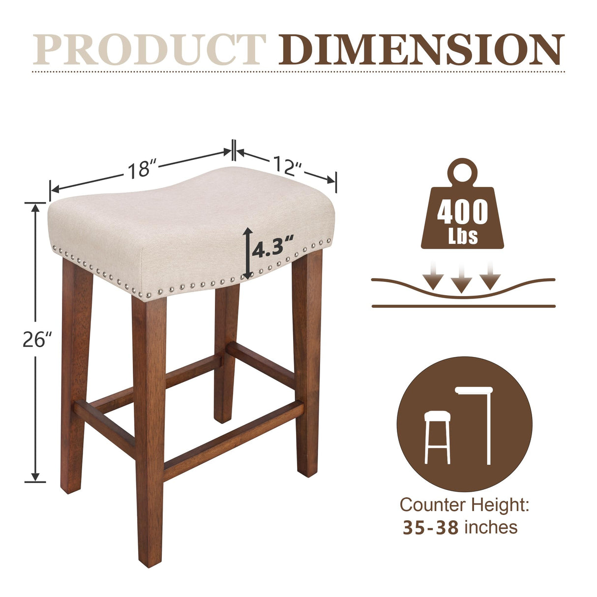 PrimeZone Counter Height Bar Stools Set of 2 - Backless Saddle Barstools with 4.3" Thick Upholstered, Nailhead Trim Linen Fabric & Solid Wood Legs, 26 Inch Counter Stools for Kitchen Island, Beige PrimeZone