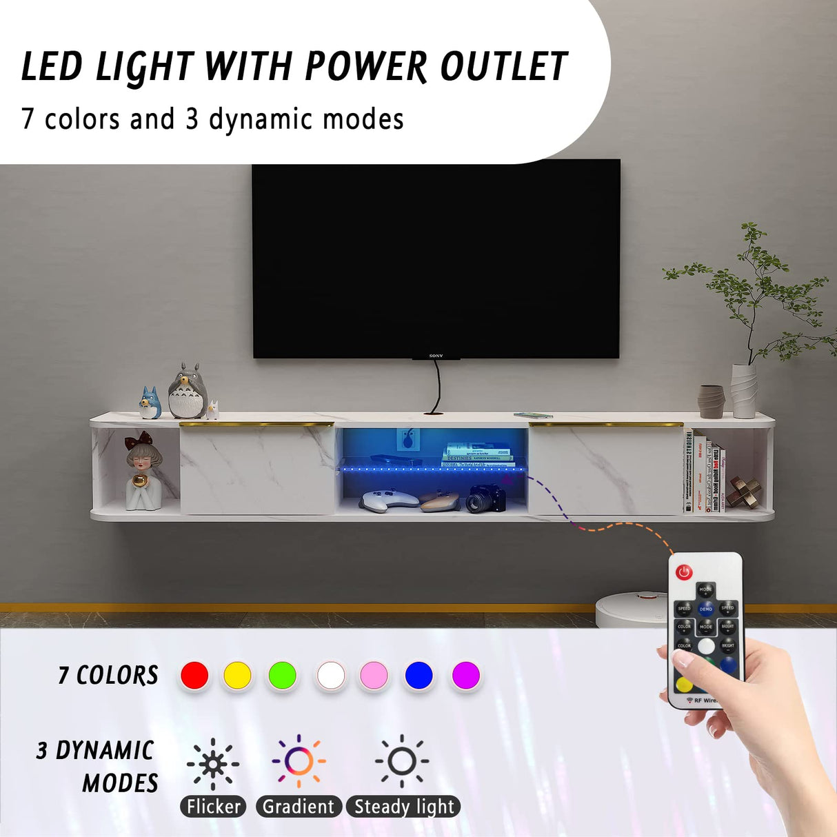 Pmnianhua LED Floating TV Stand with 2 Drawers,63'' Floating TV Shelf with LED Lights,Wall Mounted Media Console,Floating Entertainment Center with Storage for Bedroom Playroom Living Room(White) Pmnianhua