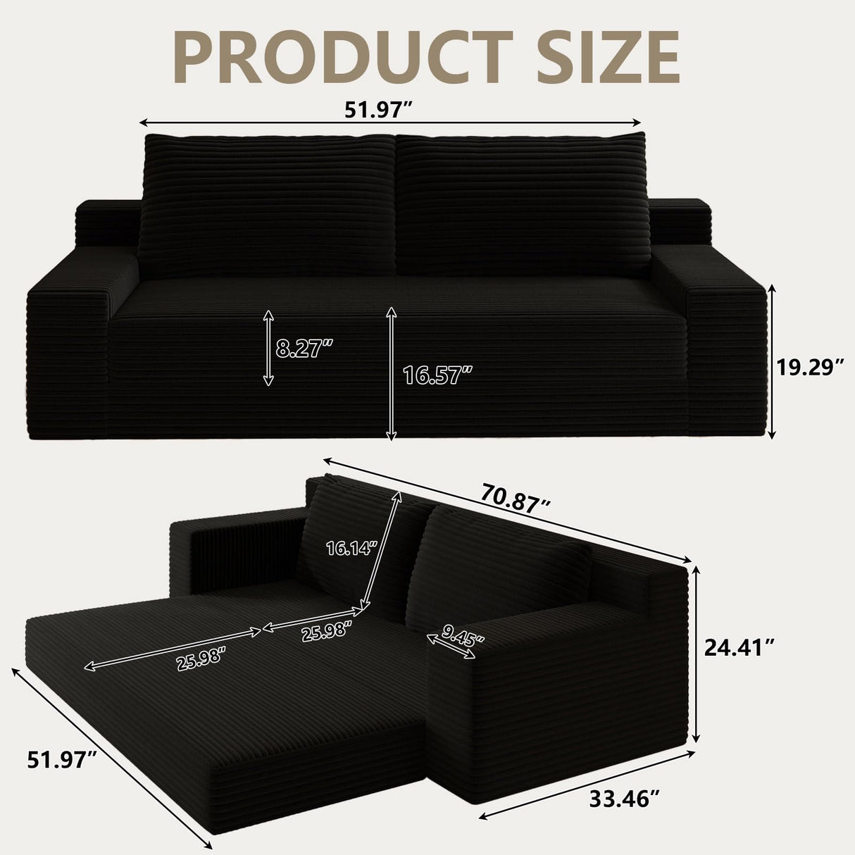 HZANHY 71" Loveseat Sofa, Corduroy Loveseats for Small Spaces, No Assembly Required Love Seat Couch for Living Room, Bedroom, Apartment, Black HZANHY