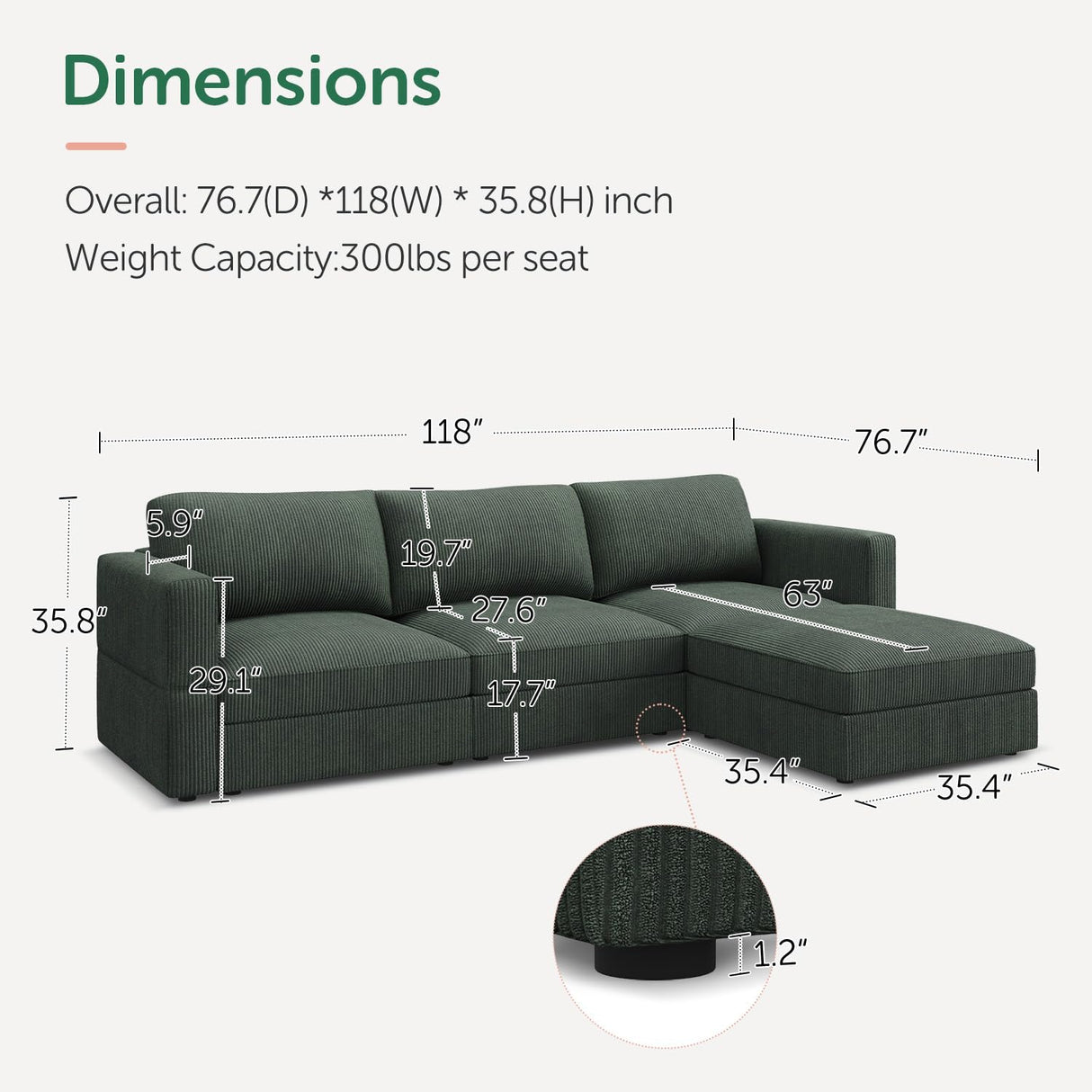 HONBAY Modular Sectional Couch with Storage Corduroy L Shaped Sectional Couches for Living Room,Green HONBAY