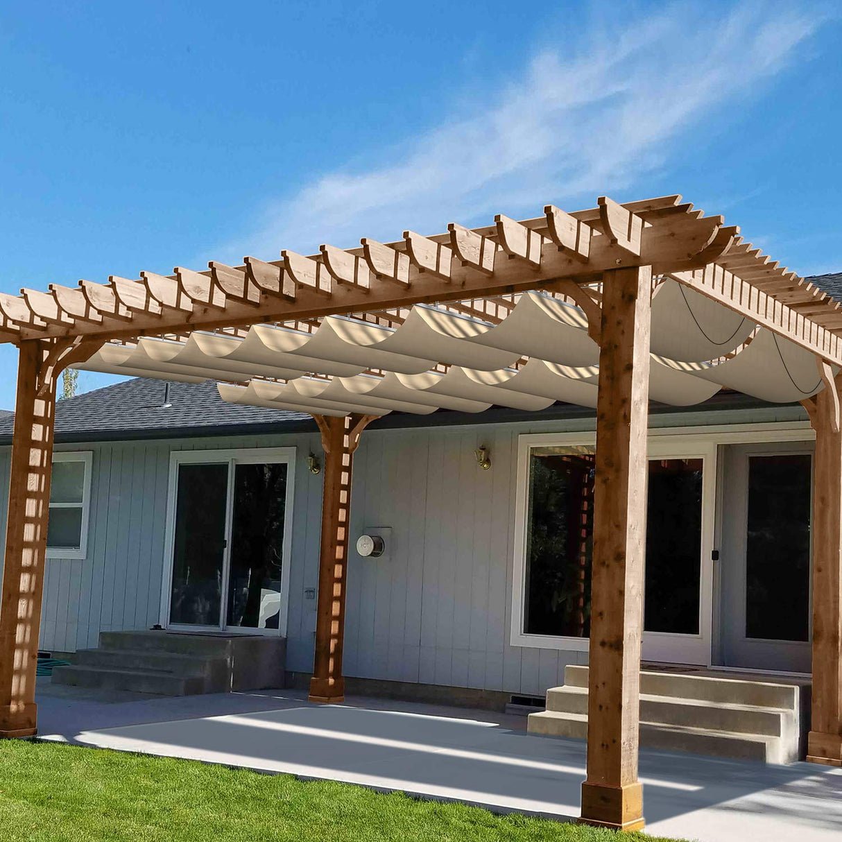 Patio Paradise 3'W x 16'L Waterproof Retractable Pergola Canopy Replacement Outdoor Shade Cover for Patio Garden Deck Gazebo Porch, Wave Sun Shade Awning with Slide on Wire Cable Hardware, Beige Patio