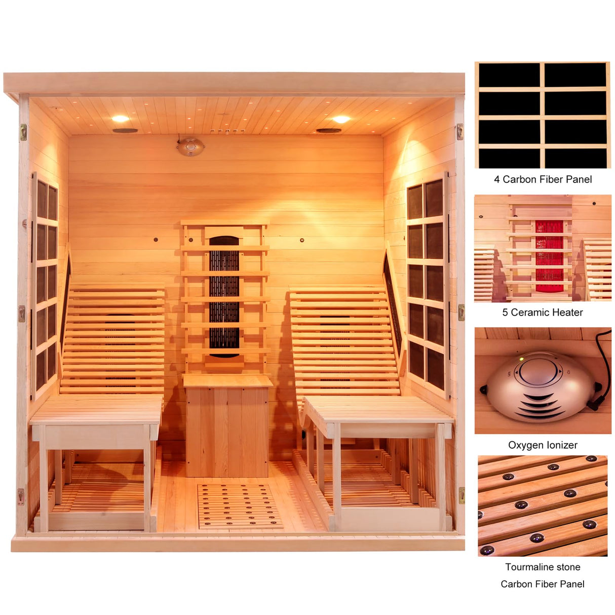 ZONEMEL Full Spectrum Infrared 2 Person Wooden Sauna Room with Recliner, Canadian Hemlock Luxury Indoor Sauna with 10 Heaters, Oxygen Bar, 3400 Watt, Infrared Therapy Wood Dry Heat Sauna, 220V ZONEMEL