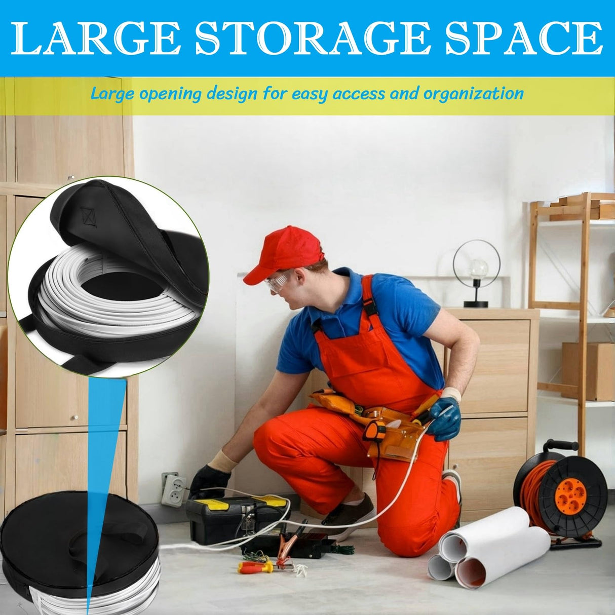 BLIRITEL Round Cable Bag, Waterproof Jumper Cable Organizer Storage Bag, Perfect for Jumper Cables,RV Sewer Pipe,EV Charging Cord Storage,Extensions and Garden Hoses,Camper Accessories (Black) BLIRITEL