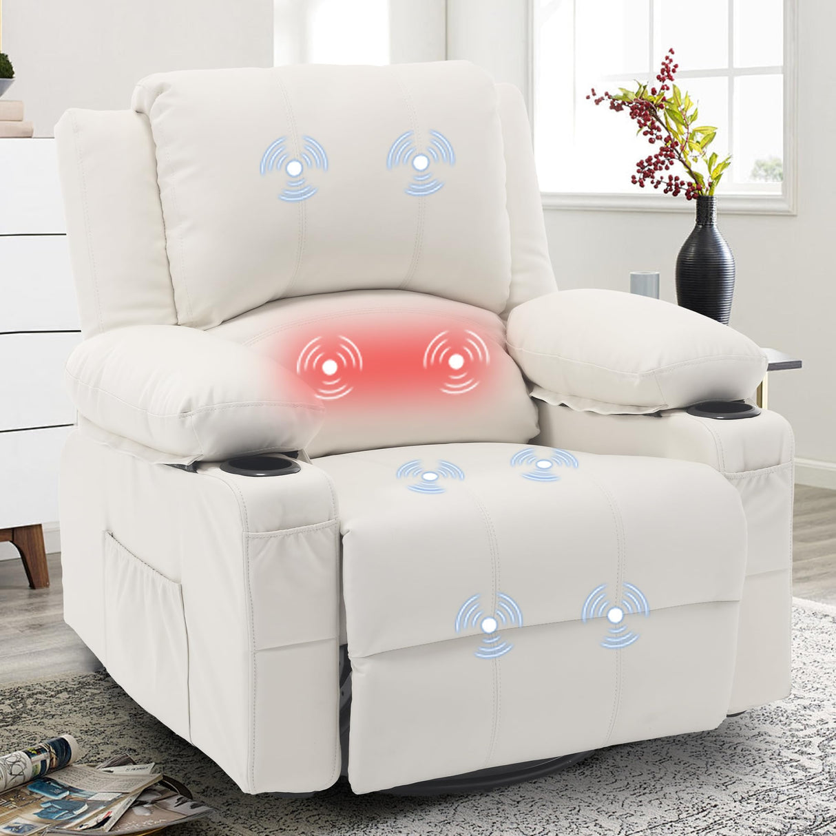 Swivel Rocker Recliner with Massage & Heat, Overstuffed Faux Leather Recliners Modern Chair for Living Room, Single Sofa Rocking Chairs for Adults, Manual Rocker Recliner with Cup Holders, White Comermax