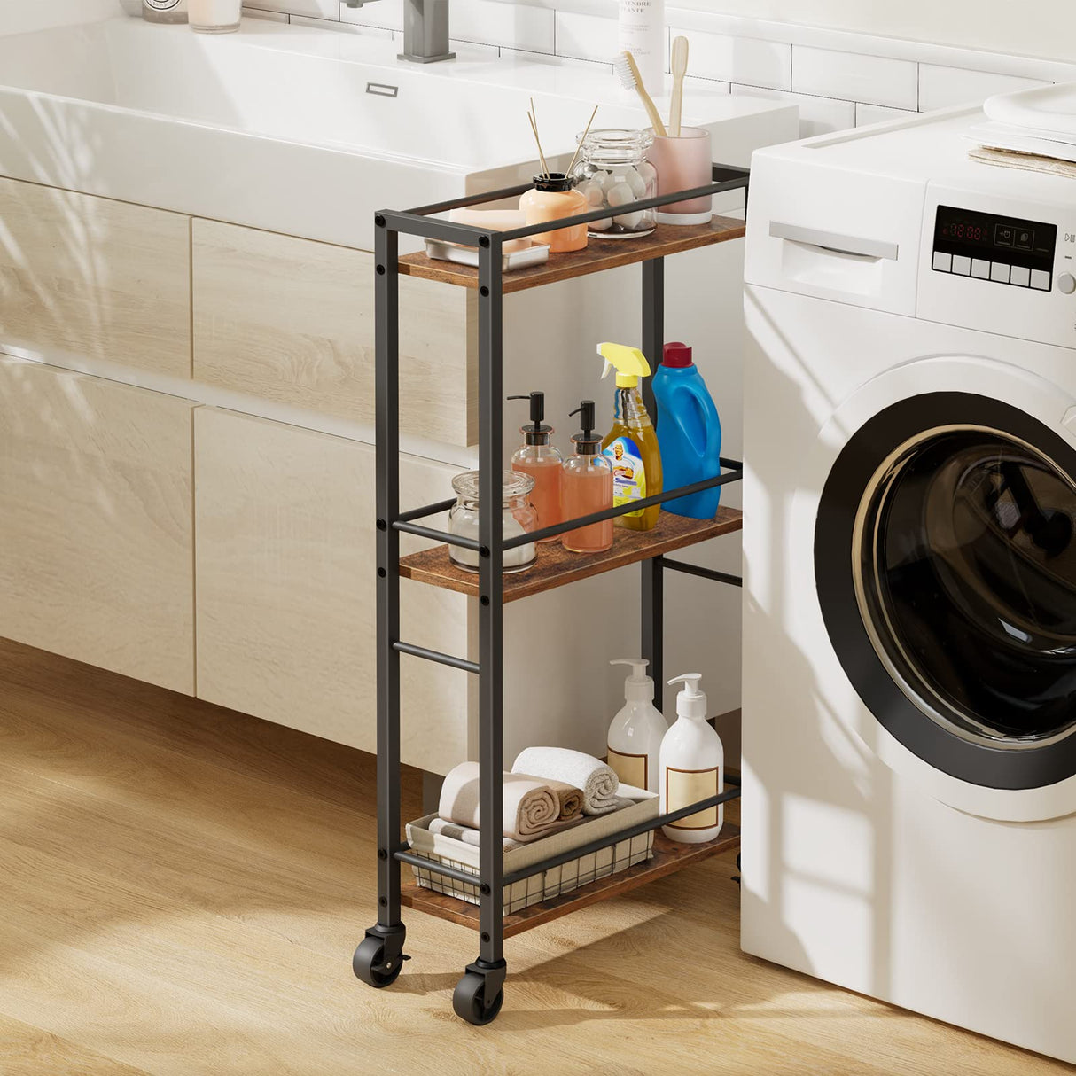 MAHANCRIS Slim Rolling Cart, Mobile Kitchen Cart on Wheels, Narrow Storage Cart for Small Space, Wooden Service Cart, for Bathroom, Laundry, Living Room, Rustic Brown RCHR1501Z MAHANCRIS