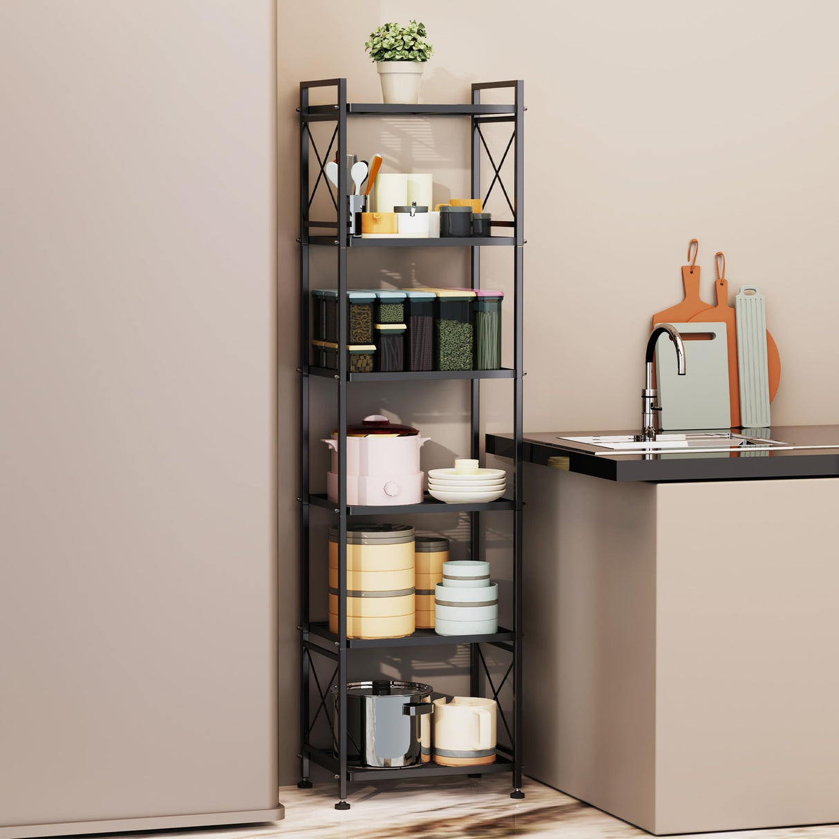 YOHKOH 6 Tier Metal Storage Rack Shelves, Standing Storage Shelf Units for Laundry Bathroom Kitchen Pantry (Black,17.0L x 12.9W x 64.9H) YOHKOH