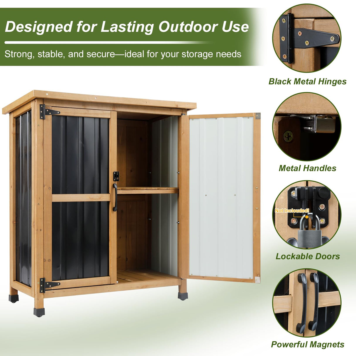 Ketive Outdoor Storage Cabinet, Wood & Metal Small Storage Shed with Weather-Resistant Asphalt Roof, Double Lockable Doors & Removable Shelves for Porch, Patio, Garden, Backyard, 32" x 13" x 40" ketive