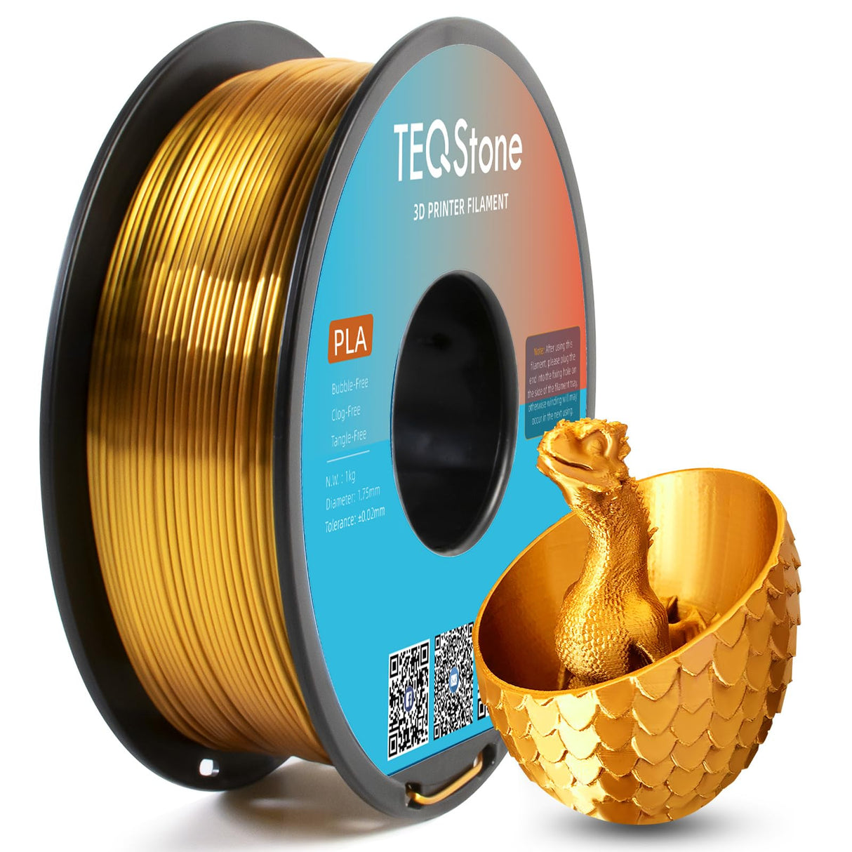 TEQStone Silk PLA Filament 1.75mm Gold 1KG, Metallic Shine High Gloss Finish Perfectly Wound, Accuracy +/-0.02mm 3D Printer Filament Vacuum Packaging TEQStone