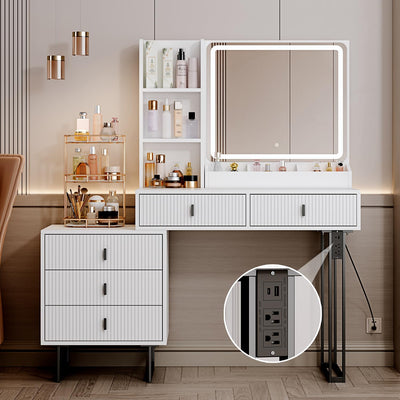Large Vanity Desk with 3 Color Touch Screen Dimming Mirror, Vanity Desk with Charging Station, Modern Retractable Makeup Dressing Table, Vanity Table With storage shelves and 5 Sliding Drawers, White