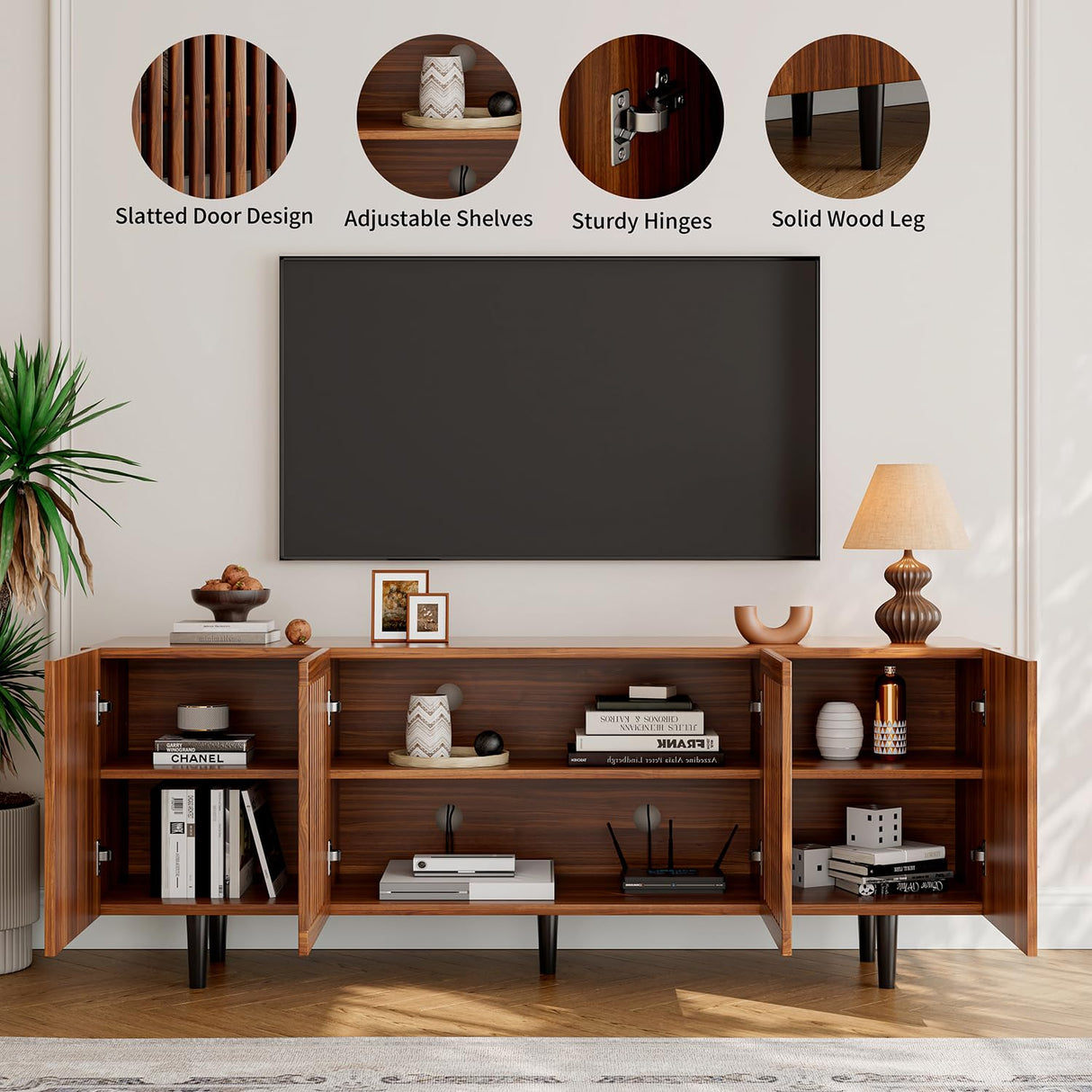 ROMMAK Boho TV Stand for 55-65 Inch TV, 4 Doors, Entertainment Center with Adjustable Shelf, TV Console with 4 Cabinets, Media Console, Solid Wood Feet, Cord Holes for Living Room, Bedroom, Walnut ROMMAK