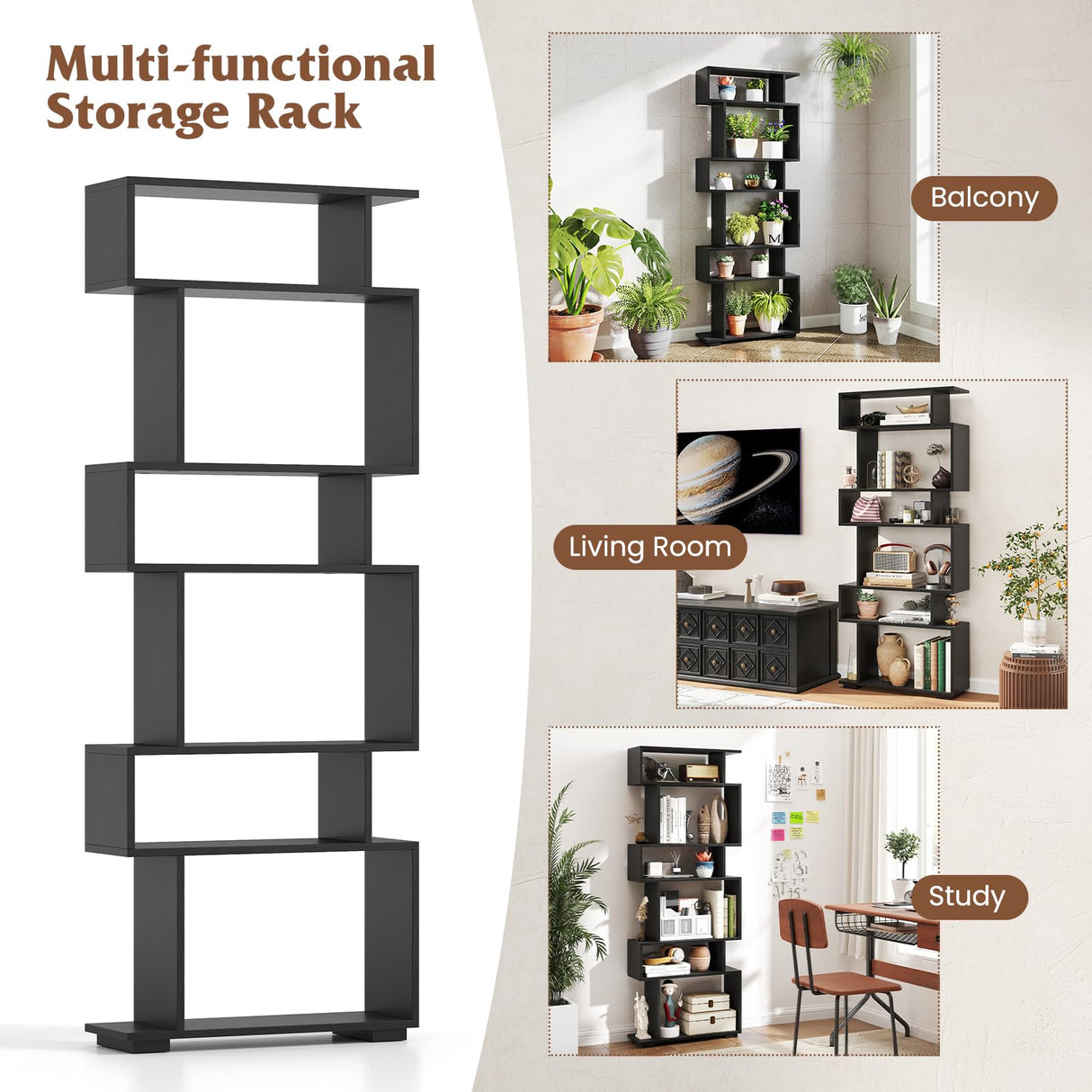 Tangkula 6-Tier S-Shaped Bookshelf, 64" Freestanding Geometric Bookcase, Home Office Wood Storage Shelf with Anti-Toppling Device, Room Divider Display Rack for Study, Living Room (1, Black) Tangkula