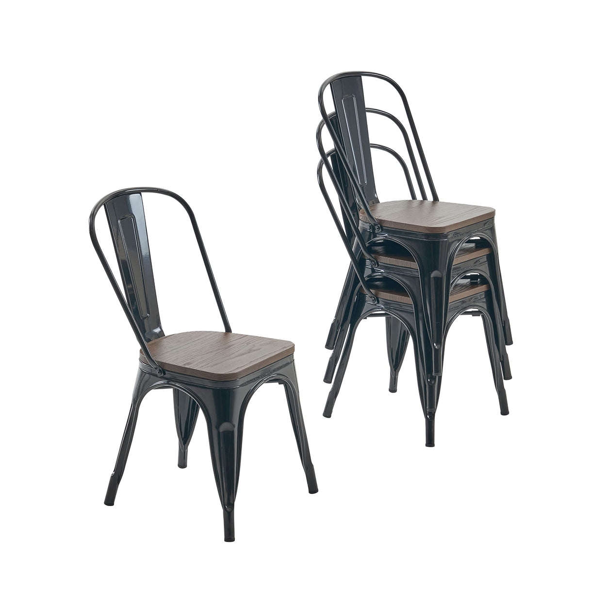 Nazhura Metal Dining Chair Farmhouse Tolix Style for Kitchen Dining Room Café Restaurant Bistro Patio, 18 Inch, Stackable, Waterproof Indoor/Outdoor (Sets of 4) (Black with Wood Padding) Nazhura
