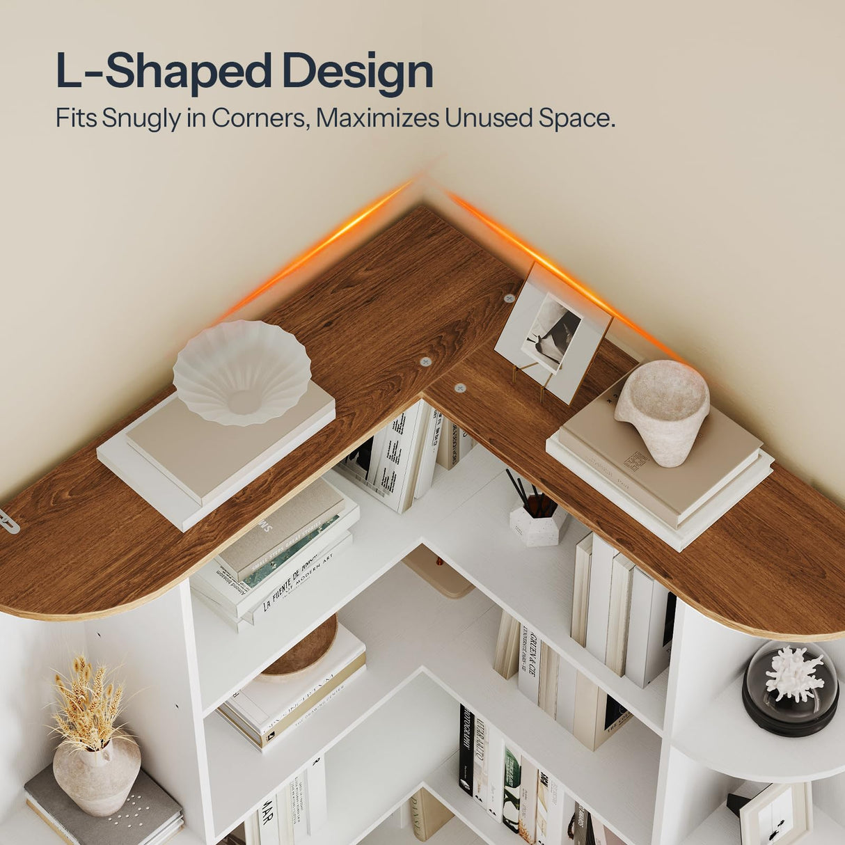 HOOBRO Corner Bookshelf, L-Shaped Bookcase with Display Shelf for Home Office, Living Room, 74" Tall Corner Bookcase, 6-Tier Bookcase with Open Storage, Wooden Corner Bookshelves, White WH80SJ01 HOOBRO