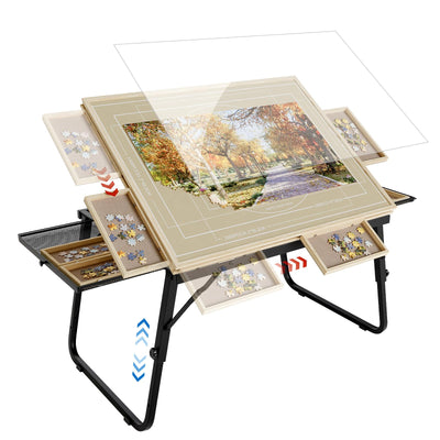 Puzzle Table with Drawers for 1500 Piece Jigsaw Puzzles – Adjustable Tilting Puzzle Board with Folding Legs & 6 Slidable Sorting Trays for Adults, Portable Wooden Puzzle Boards with Protective Cover