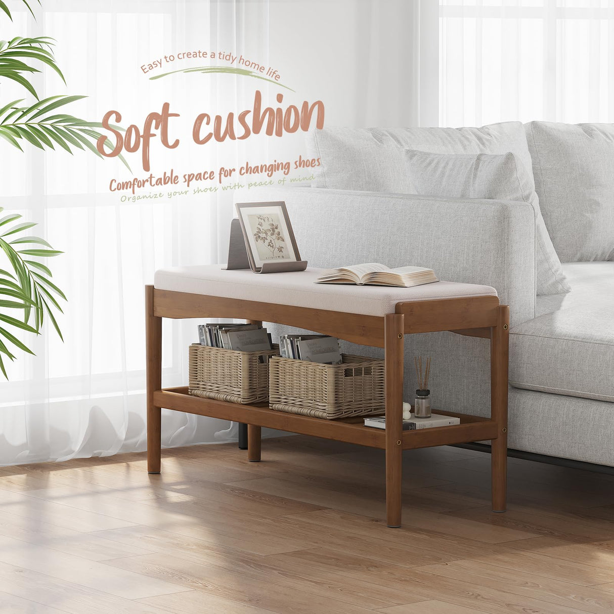 STDDRE Shoe Bench Entryway Bamboo 2-Tier Shoe Rack with Cushion Padded Seat Shoe Bench Organizer Stable for Entry, Hallway, Living Room, Bedroom, Closet (31.5 * 11.4 * 16.5IN, Brown-Beige) STDDRE