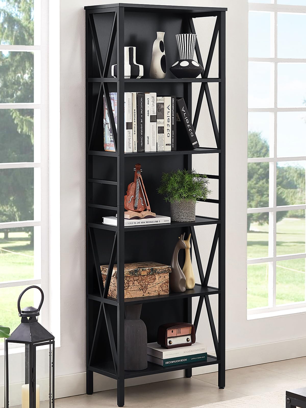 HOMISSUE Tall Bookshelf, 6-Tier Book Shelf, Rustic Wood Metal Bookshelves and Bookcases, Freestanding and Industrial Open Bookcase for Home Office, Living Room and Bedroom, Black HOMISSUE