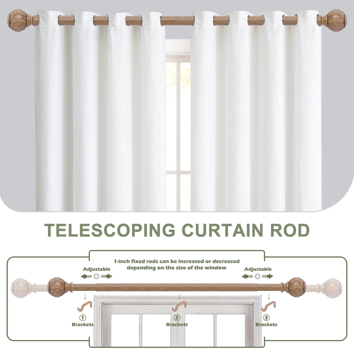 HTZON Wood Curtain Rods 48 to 84 Inch,1 Inch Adjustable Curtain Rod,Netted Wooden Window Curtains Rods,Farmhouse Rustic Heavy Duty Curtain Rods,Brown Wood Grain Decorative Single Drapery Rods 36-88" HTZON