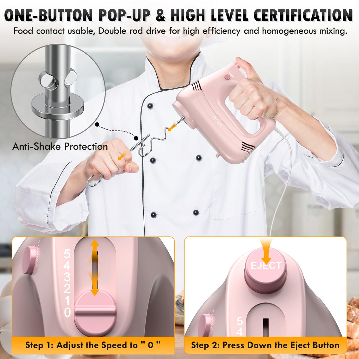 GUALIU Electric Hand Mixer with Stainless Steel Whisk, Dough Hook Attachment and Storage Bag, Handheld Mixer for Baking Cakes, Eggs, Cream Food Mixers. Turbo Boost /5 Speed Kitchen Blender PINK GUALIU