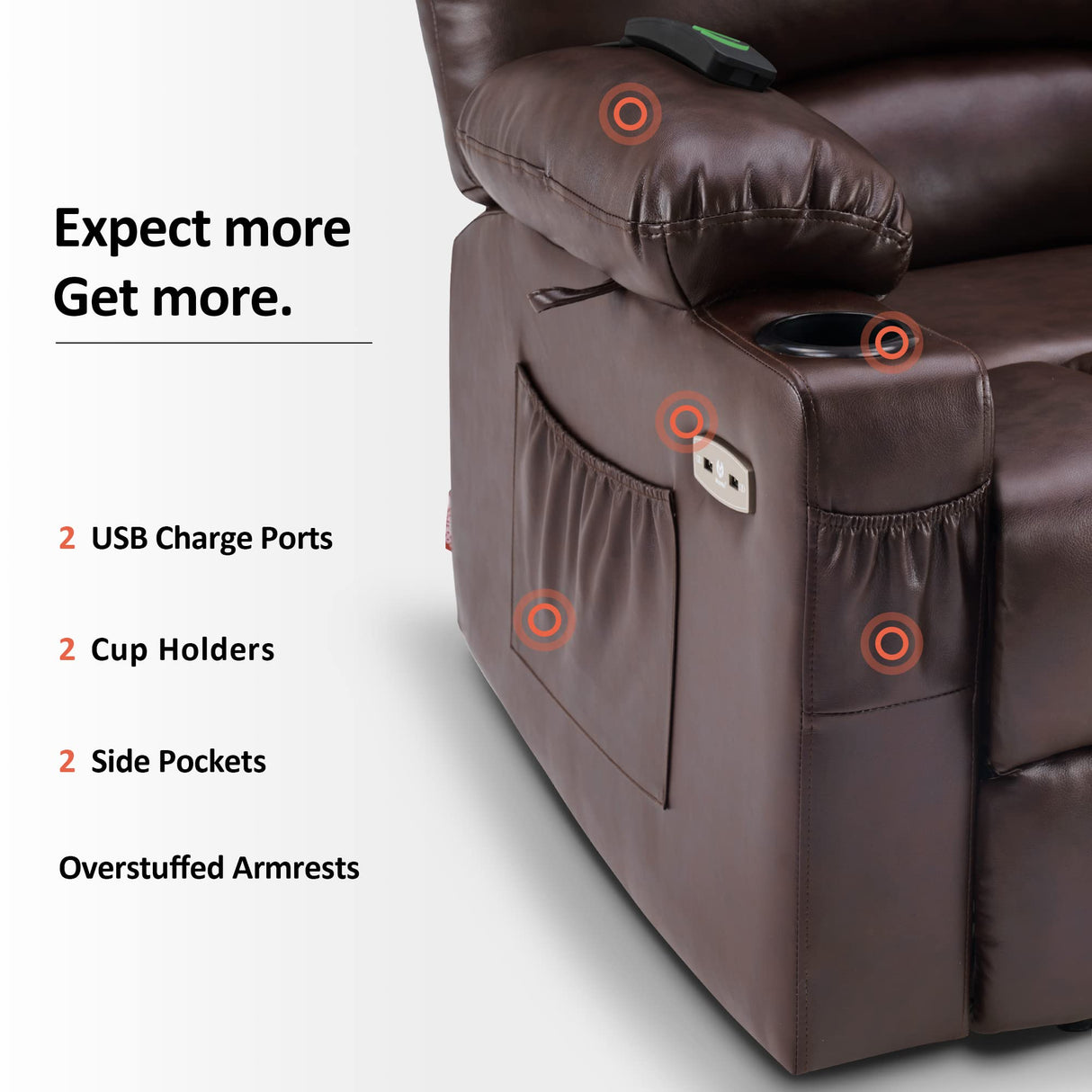 MCombo Power Lift Recliner Chair Sofa with Massage and Heat for Elderly People, Cup Holders, USB Ports, Side Pockets, Faux Leather 7095 (Medium-Regular, Dark Brown) MCombo