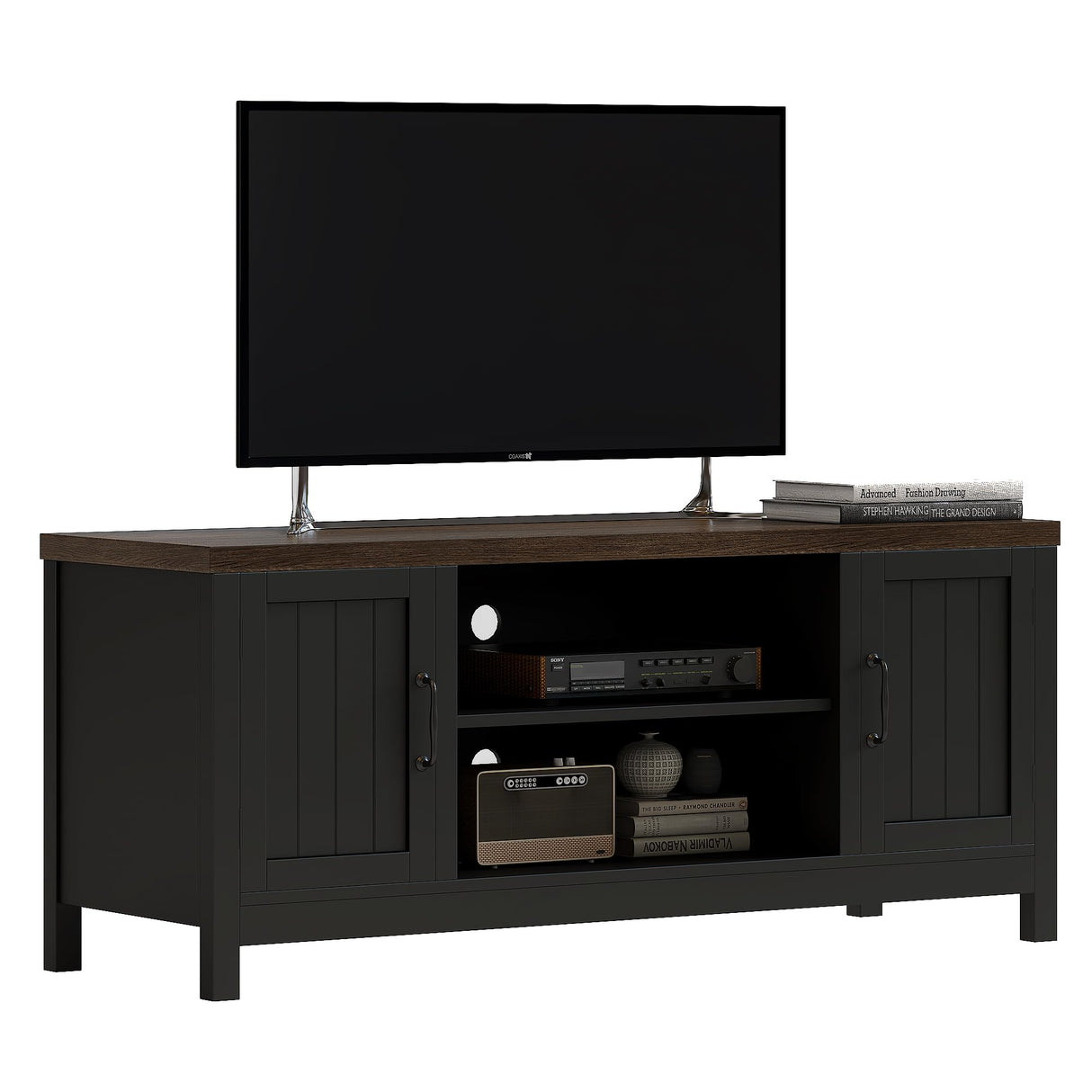 ChooChoo Farmhouse TV Stand, Wood Grooved Door Entertainment Center with Storage Cabinets and Open Shelves, Rustic Media Console up to 55 inches for Living Room, Bedroom, Black ChooChoo
