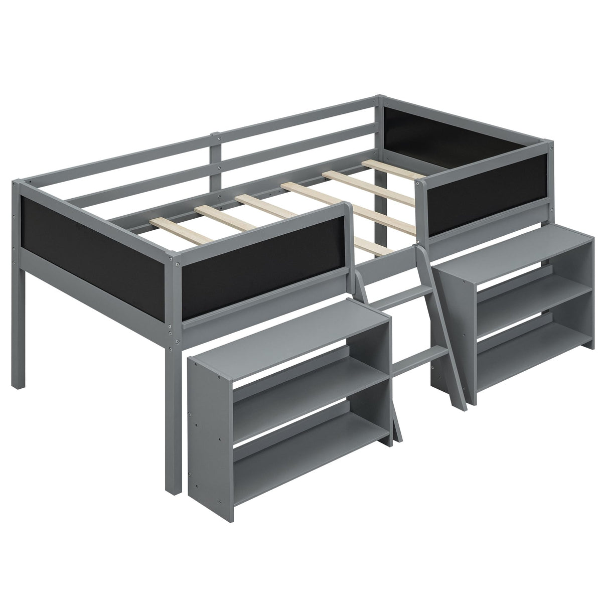 Bellemave Twin Low Loft Bed with Movable Shelves, Chalkboard, and Storage - Gray Bellemave
