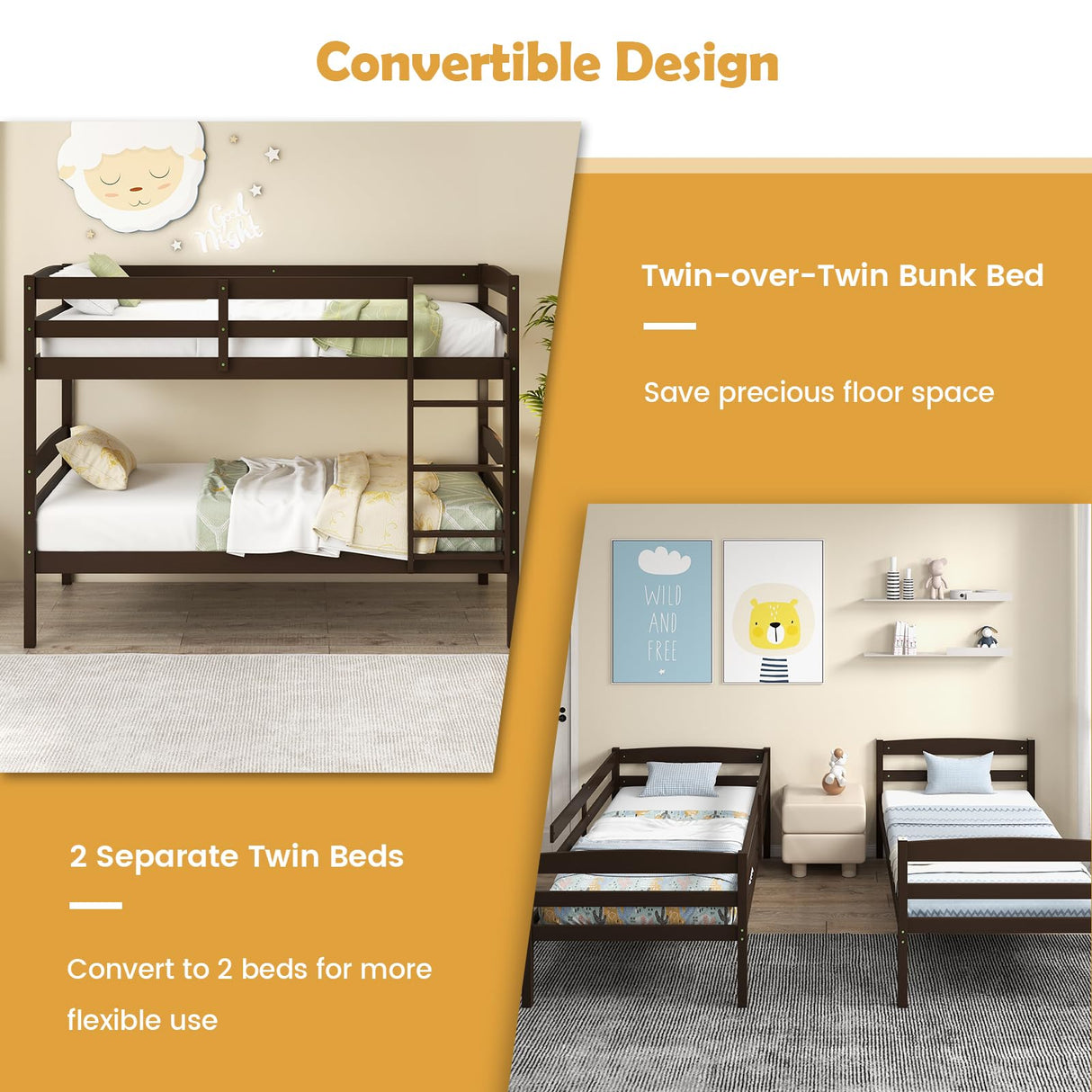 KOMFOTT Convertible Twin Over Twin Bunk Bed with Guardrail & Ladder, Space-Saving Wood Design KOMFOTT