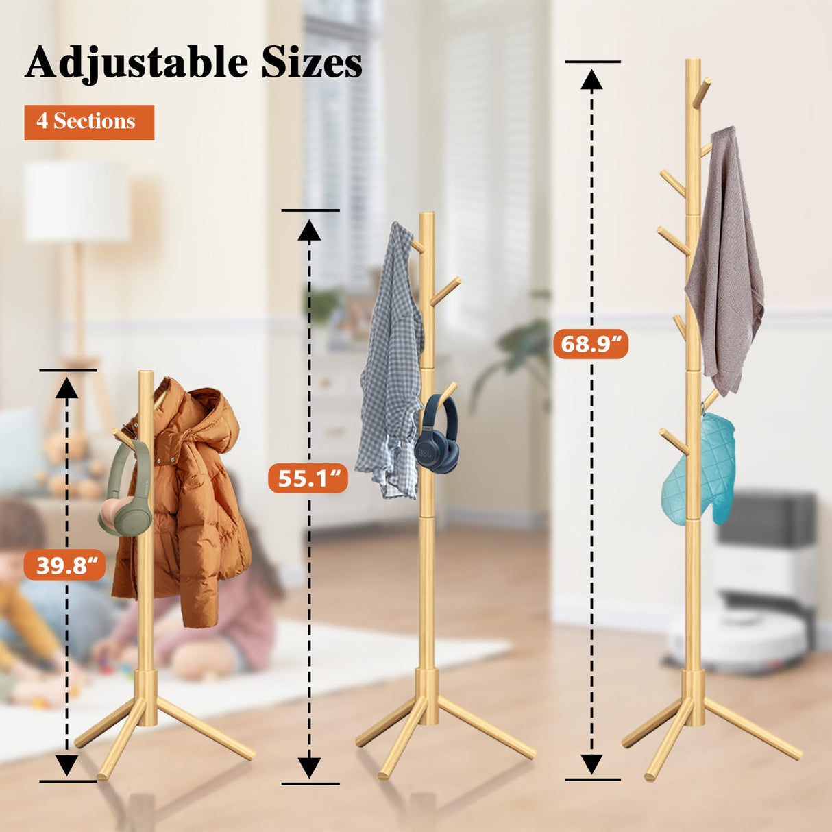 Z&L HOUSE Coat Rack Freestanding, Pure Natural Solid Wooden Coat Tree, 8 Hooks And Adjustable Height Floor Hanger, Used In The Bedroom Living Room Office To Hang Clothes, Hats, Bags Z&L HOUSE