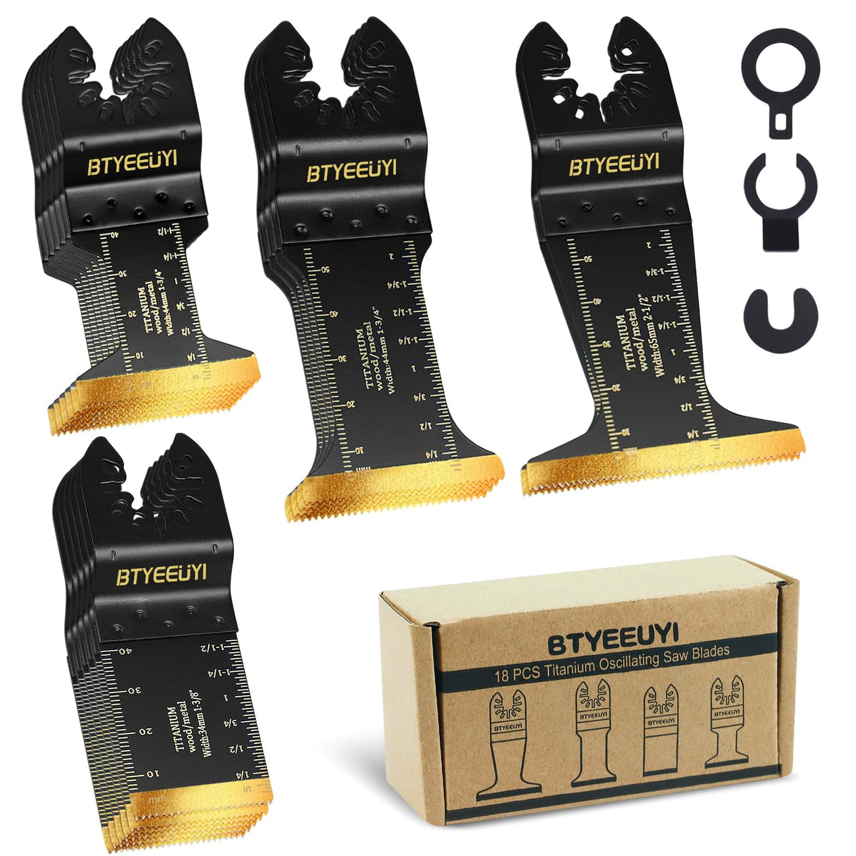 BTYEEUYI 18 PCS Titanium Oscillating Tool Blades Metal Cutting, Universal Multitool Blades for Metal Nails Wood Plastic and Hard Material, Multi Tool Blades Kits Fit Dewalt Ryobi Bosch Milwaukee BTYEEUYI