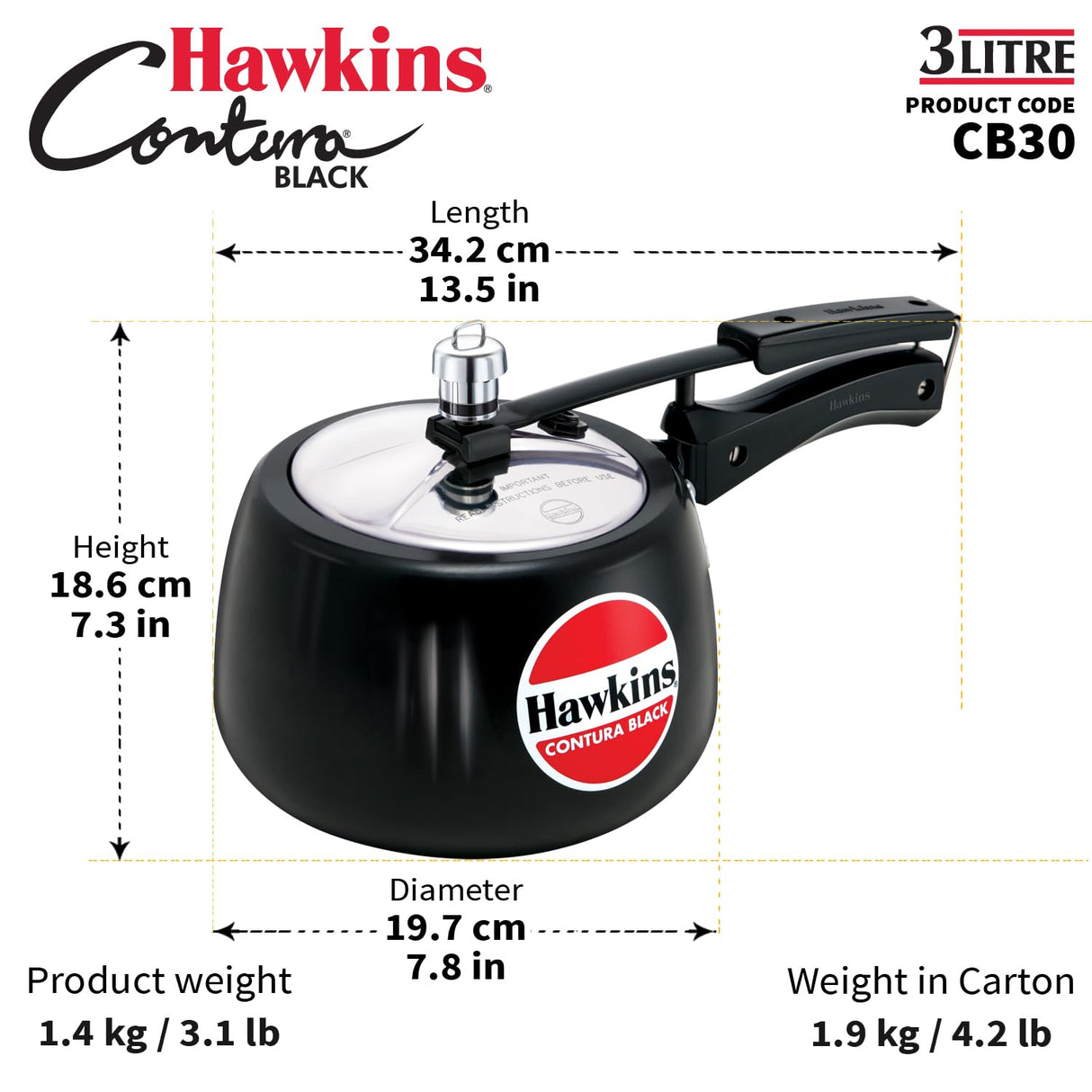 Hawkins 3 Litre Contura Black Pressure Cooker, Hard Anodised Inner Lid Cooker, Handi Cooker, Black (CB30) HAWKINS