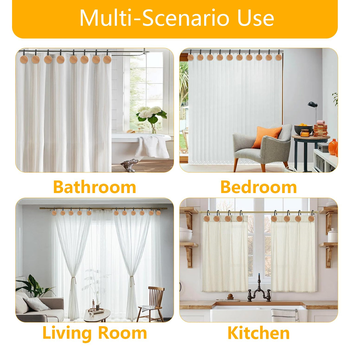 Shower Curtain Hooks, Wood Decorative Shower Curtain Rings, Modern Round Log Shower Curtain Hangers, 12PCS Shower Hooks for Shower Curtain Rod, Bedroom, Living Room (Black) JTDTH