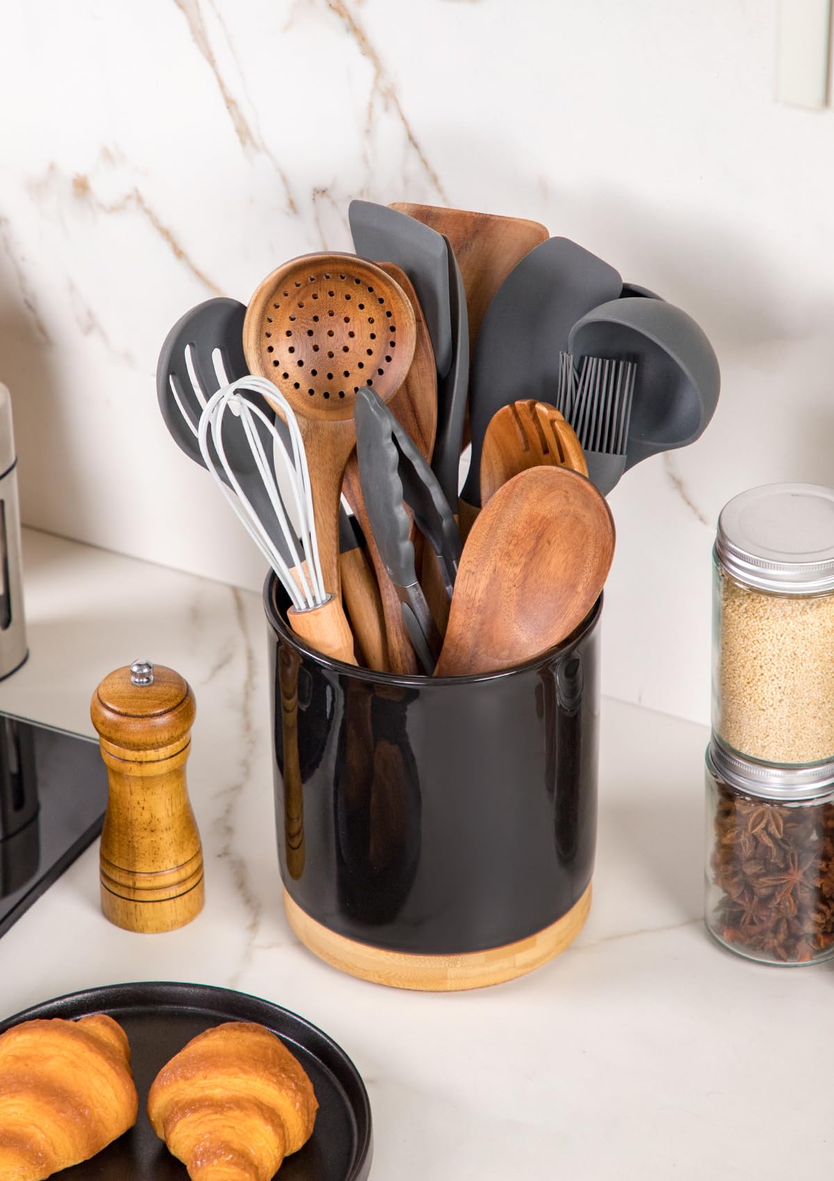 Nucookery 360° Rotating Utensil Holder, 7.2" Large Utensil Crock, White Ceramic Cooking Utensil Organizer with Countertop-Protection Cork Bottom for Farmhouse Kitchen Decor Gift (Black) Nucookery