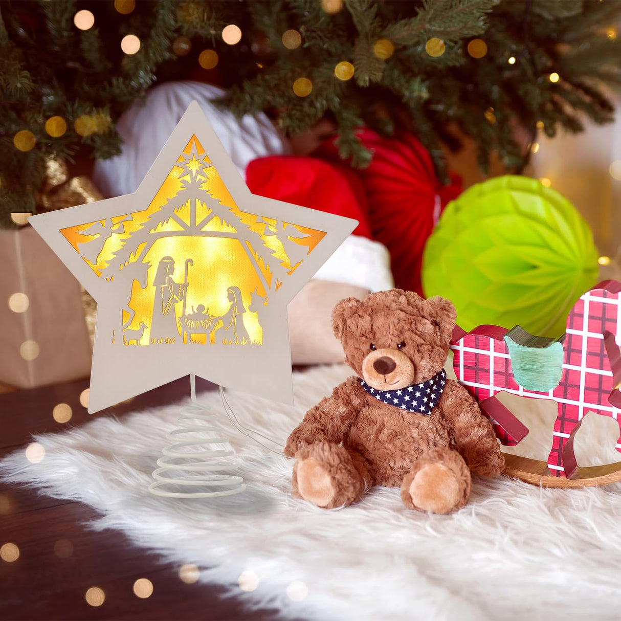 GHOSTMAGIC Christmas Tree Topper Star Nativity 7.87 x 9.25 inches Wooden Xmas Tree Top Star with 3 Modes LED Light Treetop Decoration for Christmas Bar Shop Office Home Decor (White) GHOSTMAGIC