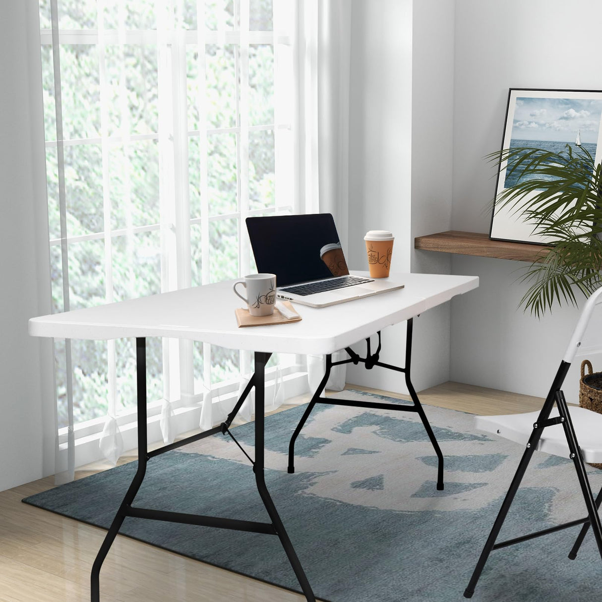 6FT Folding Table HDPE Foldable Desk Banquet Surface Fold-in-Half Utility for Working Meeting Parties, Picnic, Camping, Weddings, Catering, Garden Dining-White pollilar