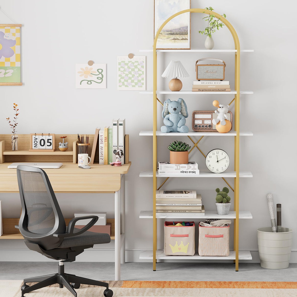 Arbuxzuy 6 Tier Bookshelf, 83" Tall Arched Bookcase, Tall Book Shelf with Metal Frame, Modern Display Standing Shelf for Living Room, Home Office, Bedroom, Gold