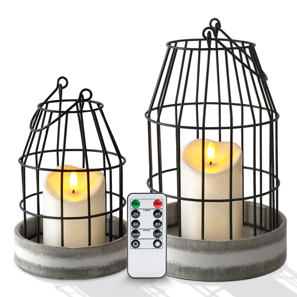 Homemory Rustic Farmhouse Lantern Decor with Flameless Candle & Remote Timer, 2PCS Metal Candle Holder Home Decorations for Fireplace Mantle Kitchen Dining Table Living Room Homemory