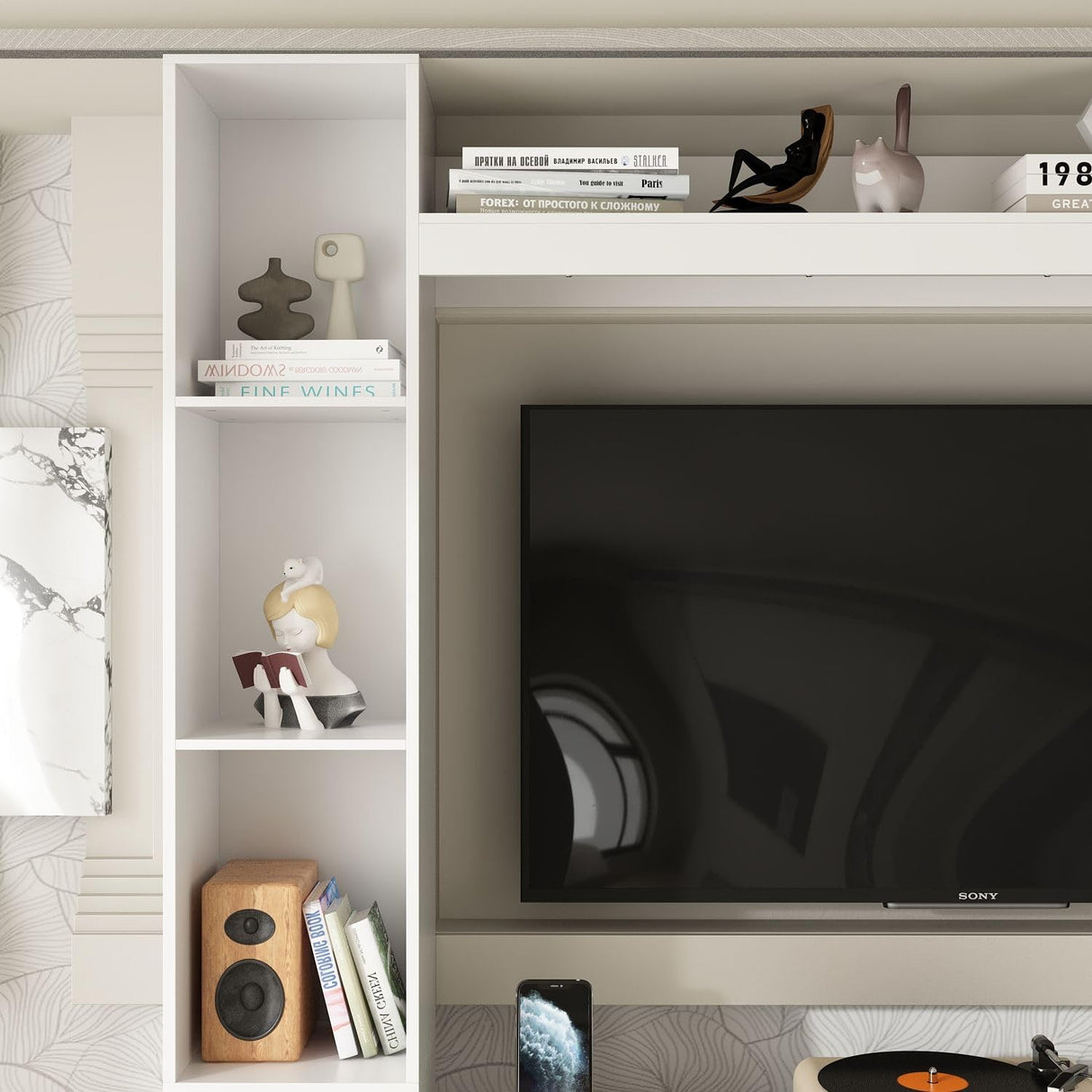 TAMUNE Entertainment Center with Bookshelves Modern Media Center with Open Shelves & Bridge TV Wall Unit with Doors, for Living Room White (81.1”W x 11.8”D x 70.9”H) TAMUNE