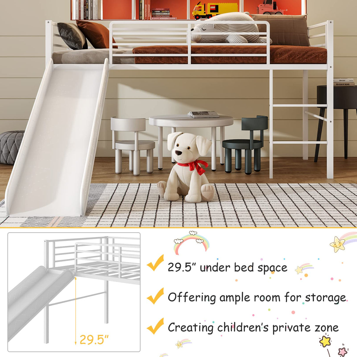 Giantex Twin Loft Bed with Slide, Metal Low Bunk Bed w/Safety Guardrails & Built-in Ladder, Toddler Bed Floor Frame for Boys & Girls, No Box Spring Needed (White) Giantex