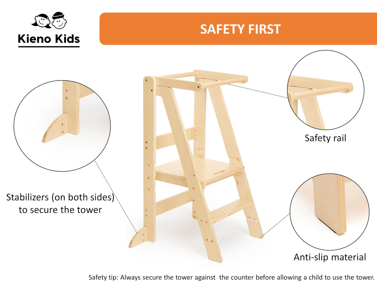 Foldable Kitchen Stool for Kids - Foldable Toddler Tower, Kitchen Stool for Toddlers, Toddler Standing Tower, Toddler Tower, Kids Stool (Wood Color) Kieno Kids