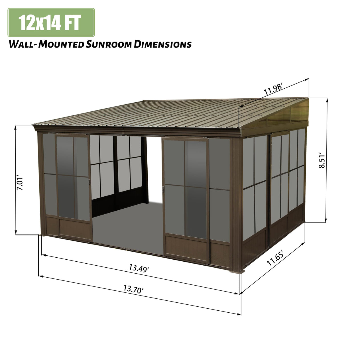 SHPAI 12'x14' Lean to Sunroom, All Weather Wall Mounted Solarium, Hardtop Aluminum Gazebo with Galvanized Steel Roof, 2 Sliding Doors, PVC Screens, Outdoor Permanent Sun Room for Patio, Deck, Backyard SHPAI