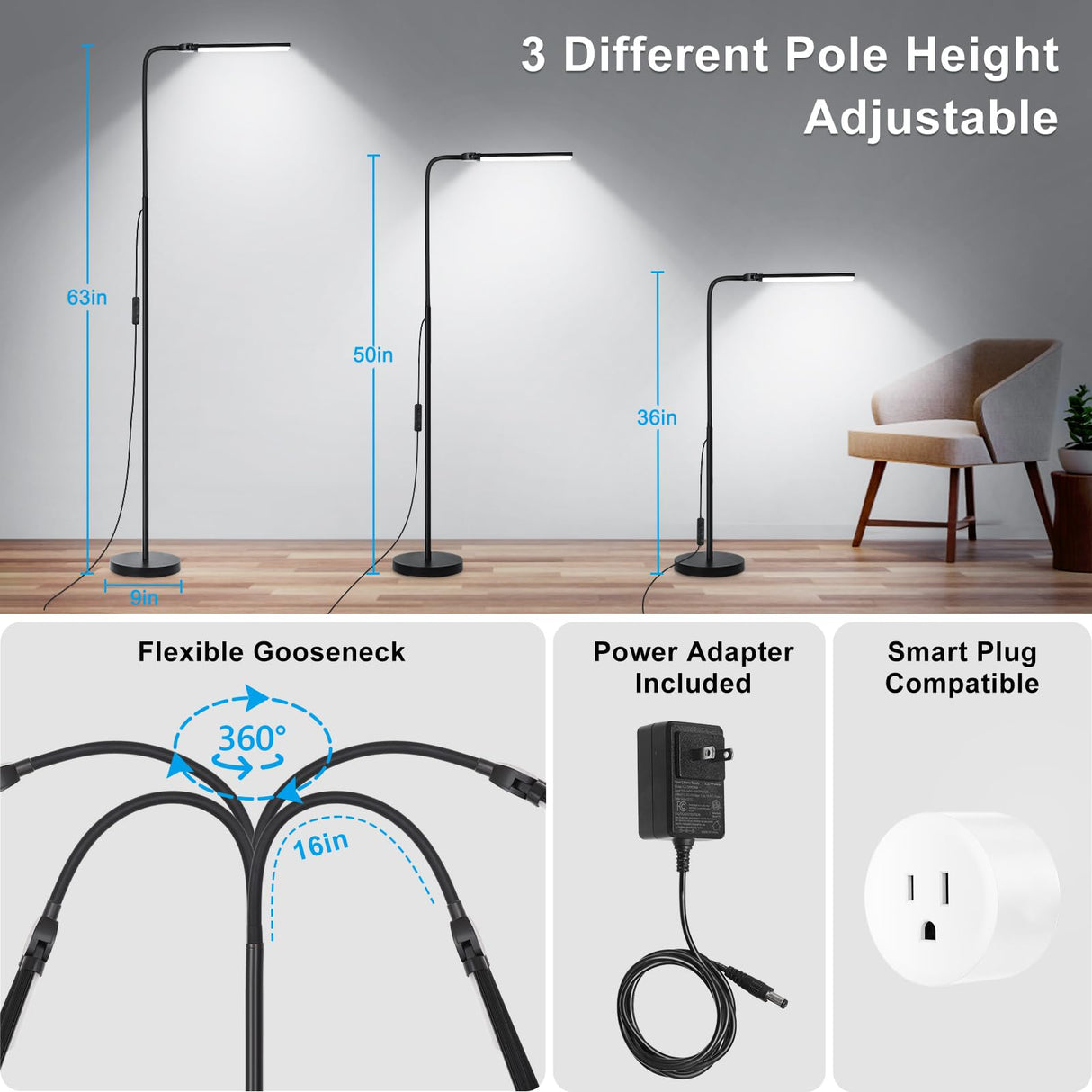 LED Floor Lamp, 15W/1800LM Bright Reading Floor Lamp for Office with Double Head, Adjustable Gooseneck Dimmable Modern Standing Light for Lash Extension Craft, Eye Caring Floor Lamps for Living Room Seaside village