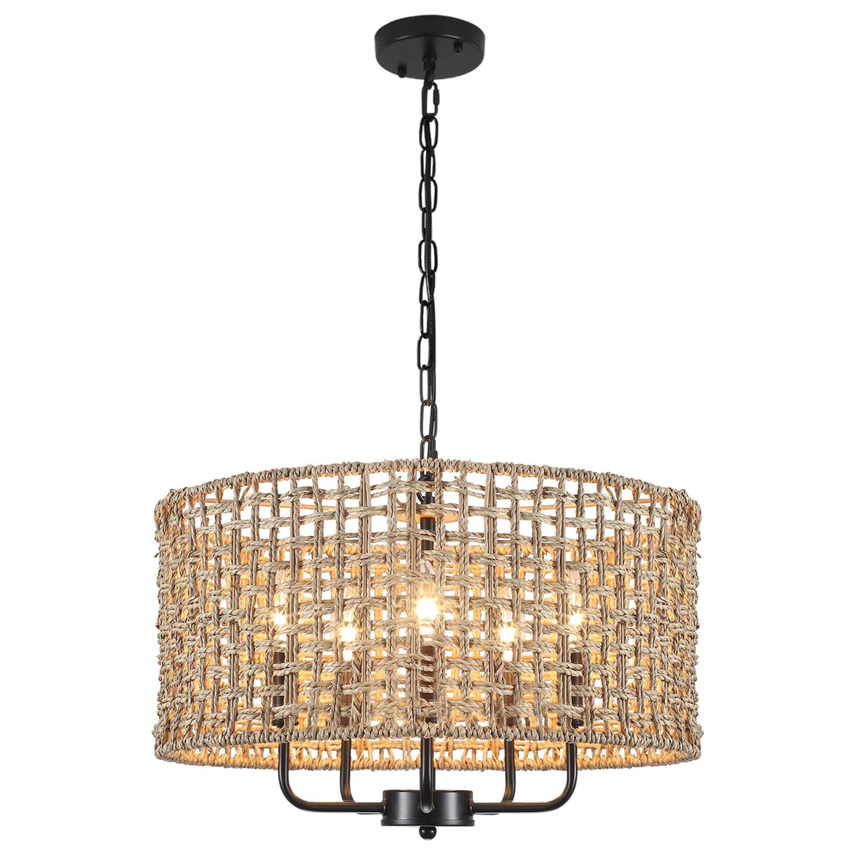 LASENCHOO 5 Lights Rattan Wicker Drum Chandeliers for Dining Room, Dia 19" Drum Pendant Light Fixture Hanging Boho Chandelier for Living Room Kitchen Entryway Hallway Bedroom, Height Adjustment LASENCHOO