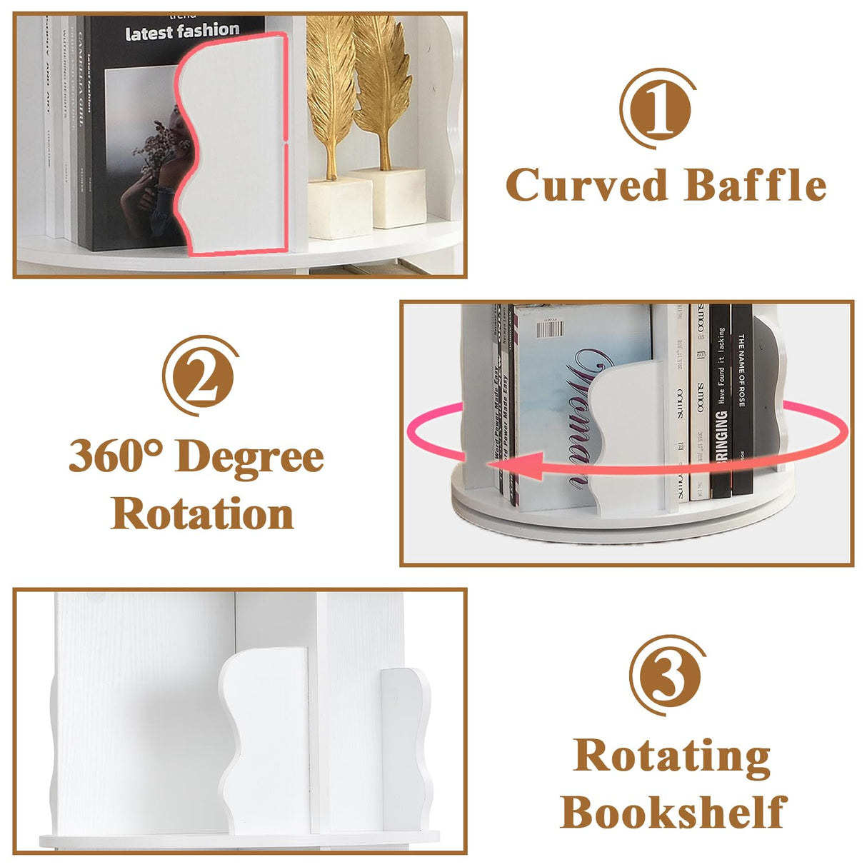 Anwick White Rotating Bookshelf Tower- 4 Tier Spinning Book Shelf for Small Space, 360 Display Circle Floor Standing Bookshelf for Kids & Adults Anwick