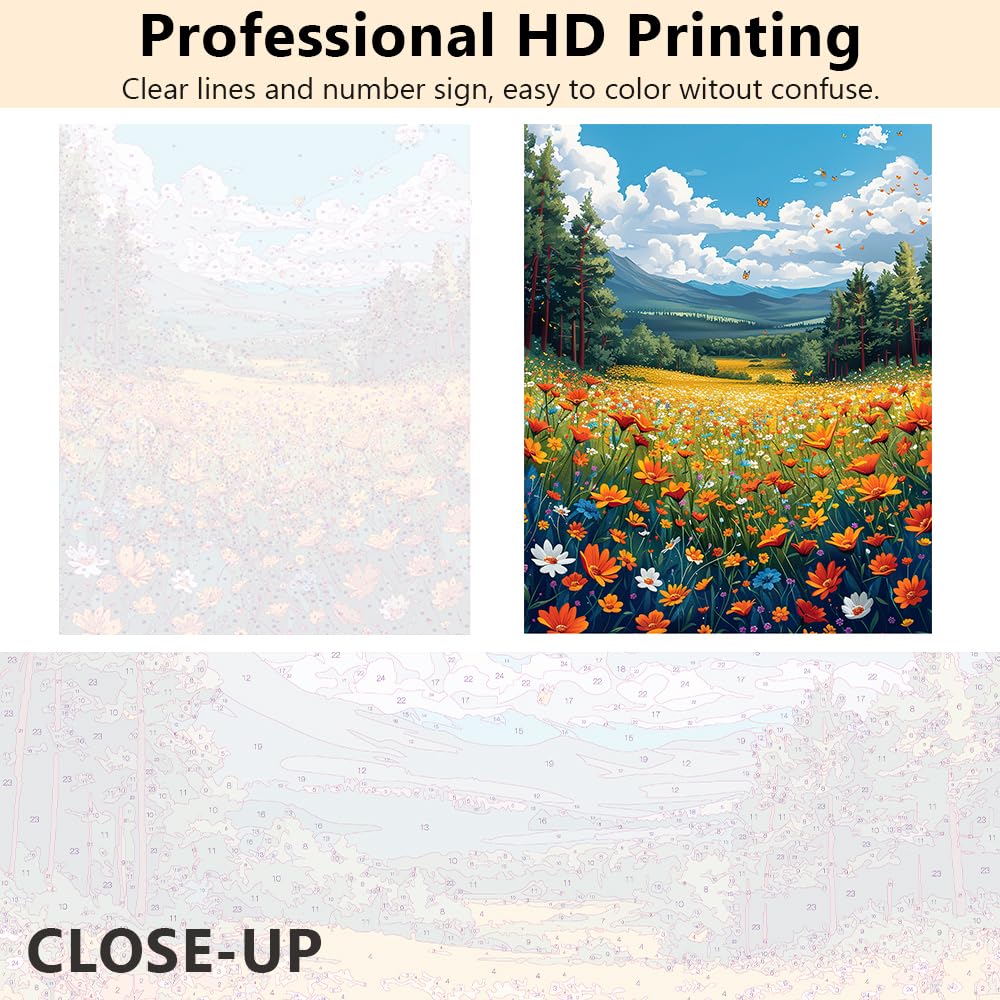 Paint by Numbers Kit for Adults, Beautiful Meadow Painting by Numbers with Paintbrushes and Acrylic Pigment, Flowers in the Mountains Paint by Numbers Kit for Adults Beginner 16x20 Inch Frameless TUMOVO