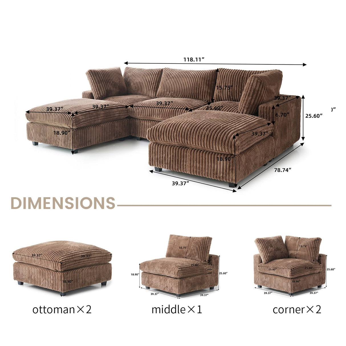 WJShome Cloud Couch Modular Sectional Sofa,118" Oversized U Shaped Couch with Ottoman,5 Seater Convertible Sofa,Comfy Plush Couches for Living Room,Covers Washable&Replaceable (Brown) WJShome