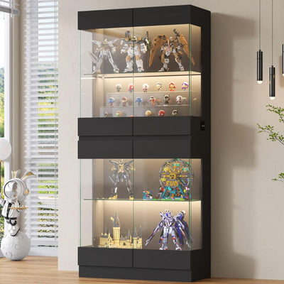Loomie Display Cabinet with Glass Doors, 4-Tier Curio Cabinet with 3 Color Lights, 65" Glass Display Cases for Collectibles, Storage Cabinet with Human Body Sensor, Bookcase for Living Room (Black)