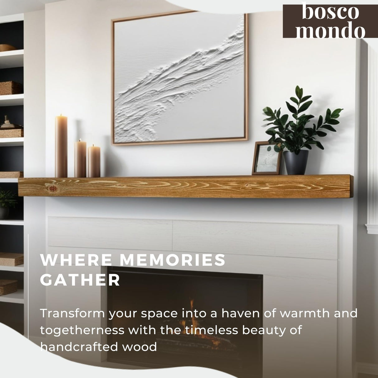 BoscoMondo Solid Wood Fireplace Mantel Shelf, Floating Mantle for Living Room, Farmhouse Rustic Wood Mantel, Easy Wall Mount with Heavy-Duty Metal Bracket (72", Oak) BoscoMondo